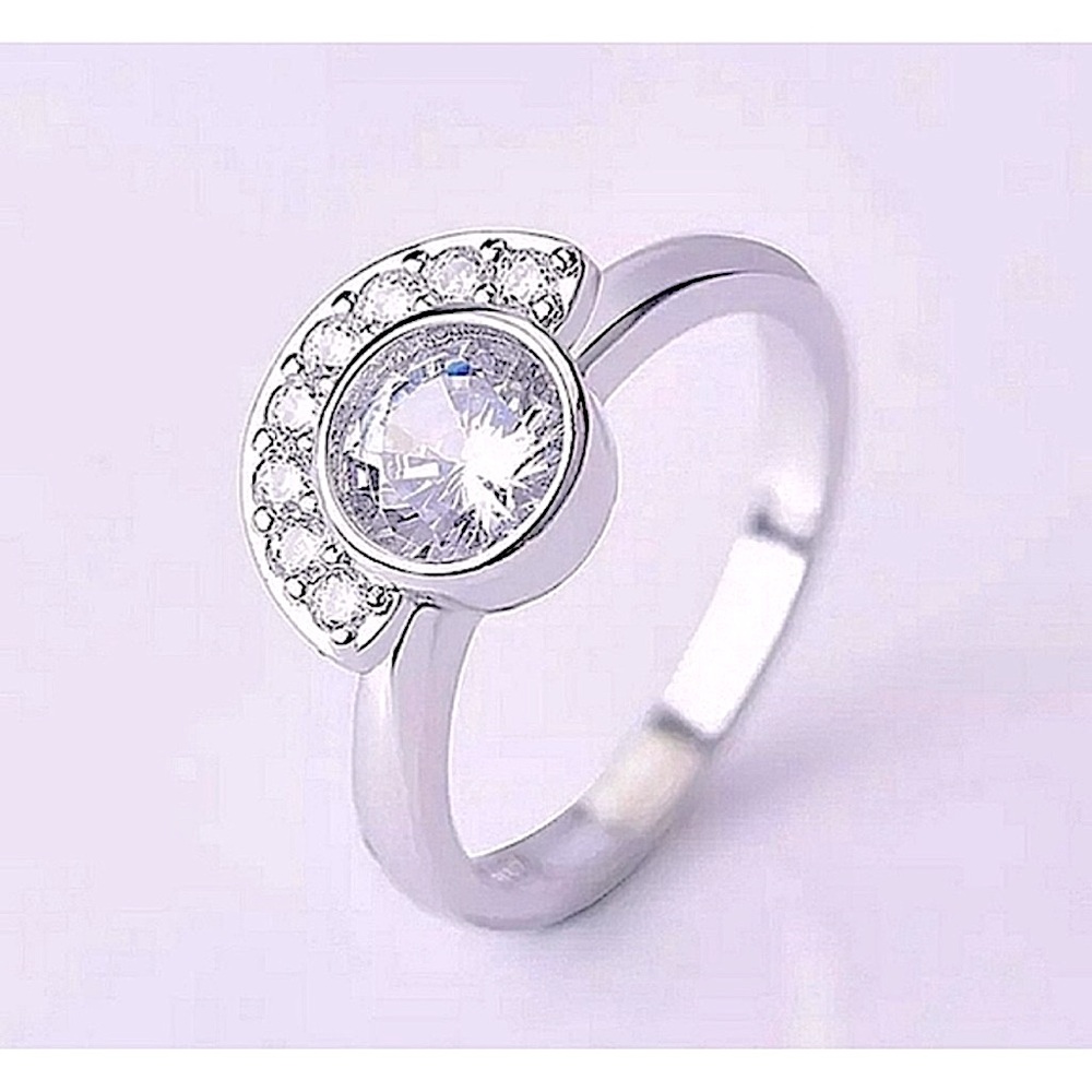 NEW 2Ct Half Moon Rhodium 925‎ Silver Simulated Diamond, Size 9